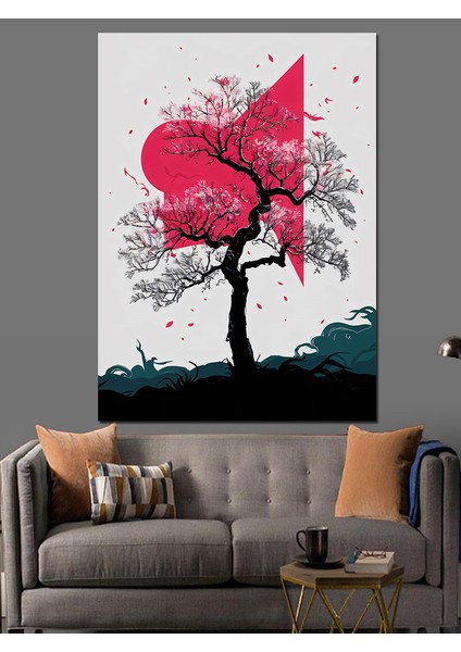 Ağaç ve Kırmızı Güneş Dekoratif Kanvas - Mdf Ahşap Tablo fırsatları