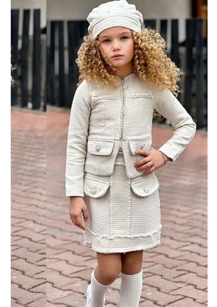 Kız Çocuk Kenarları Inci Taş Işlemeli Triko Ceket Cep Detaylı Ekru Etekli Takım