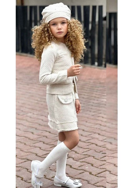 Kız Çocuk Kenarları Inci Taş Işlemeli Triko Ceket Cep Detaylı Ekru Etekli Takım fırsatları