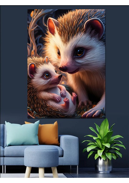 Kirpi ve Yavrusu Dekoratif Kanvas - Mdf Ahşap Tablo