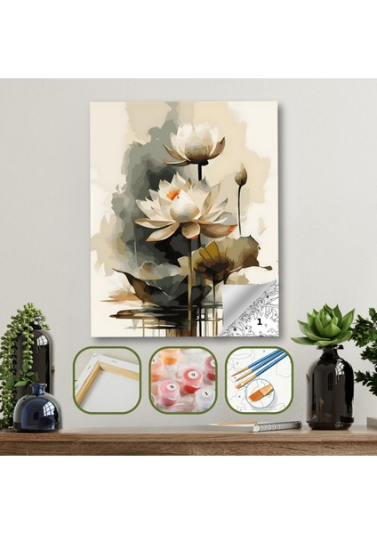 Sayılarla Boyama Seti Lotus Çiçeği 40X50 cm Kasnaklı Tablo Seti Fırça Boya Dahil 40X50