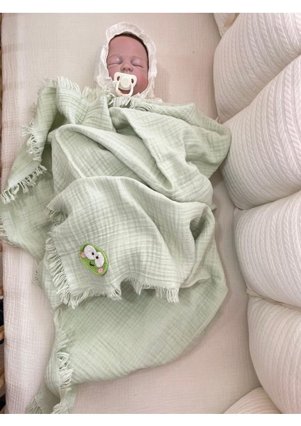Bebek Battaniyesi Müslin ( Kurbağa Desenli) Mint Yeşili