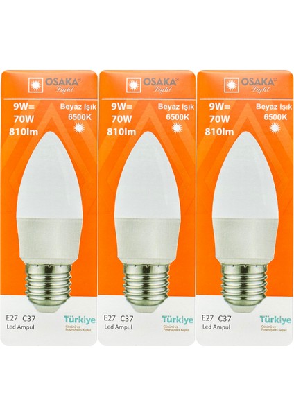 (3 adet) 9W (70W) Beyaz IŞIK E27 DUYLU (Kalın Duy) LED Ampul