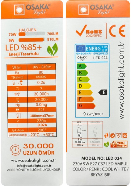 (2 adet) 9W (70W) Beyaz IŞIK E27 DUYLU (Kalın Duy) LED Ampul