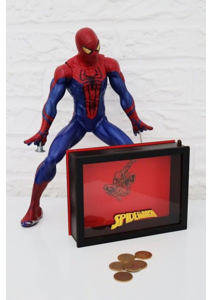 Kilitli Ahşap Önü Şeffaf Pleksili El Yapımı Spiderman Örümcek Adam Kumbara