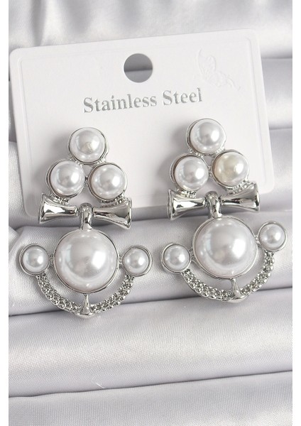 Pirinç Gümüş Renk Sallantı Incili Çapa Model Kadın Küpe