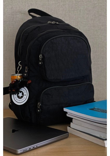 Krinkıl Kumaş Suya Dayanıklı Büyük Boy Siyah Klinkır Sırt Çantası/laptop Okul Çanta