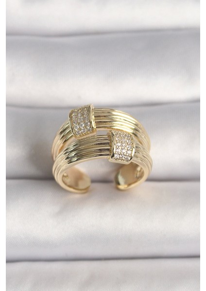 Pirinç Gold Renk Ayarlanabilir Zirkon Taşlı Kadın Yüzük