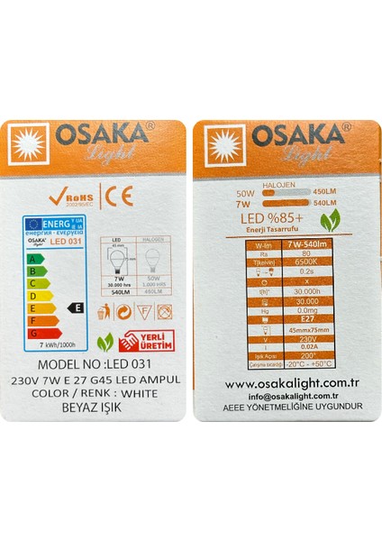 (4 adet) 7W (50W) Beyaz IŞIK E27 DUYLU (Kalın Duy) LED Ampul