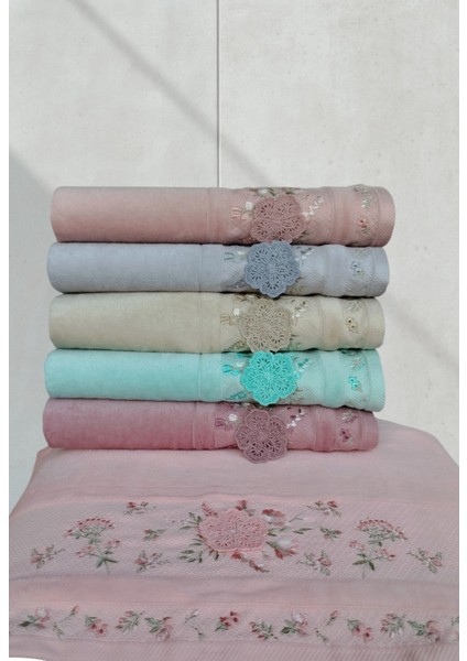 Kadife Dual Bordür 3D Nakışlı Renkli Pamuk 6 Adet 50 x 90 cm El Yüz Havlusu Kutulu
