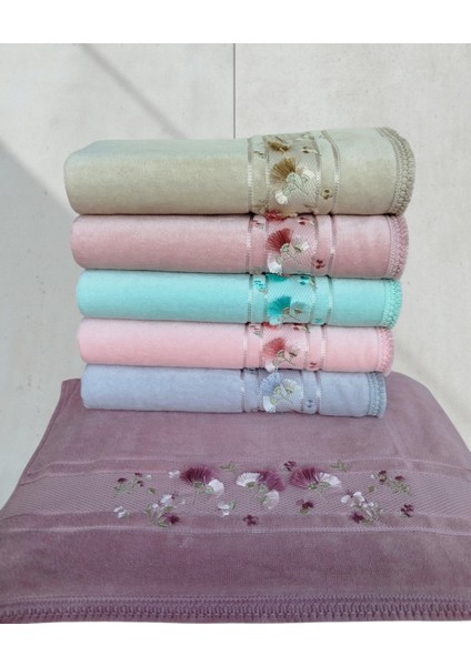 Kadife Dual Bordür 3D Nakışlı Renkli Pamuk 6 Adet 50 x 90 cm El Yüz Havlusu Kutulu