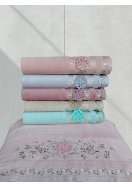 Kadife Dual Bordür 3D Nakışlı Renkli Pamuk 6 Adet 50 x 90 cm El Yüz Havlusu Kutulu