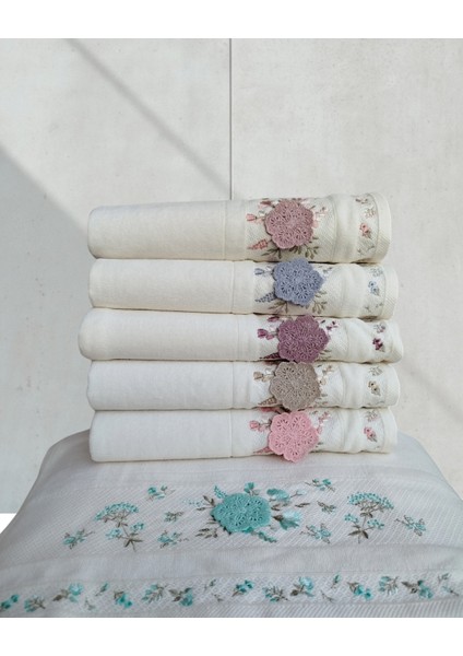 Kadife Dual Bordür 3D Nakışlı %100 Pamuk 6 Adet 50X90 cm El Yüz Havlusu Kutulu