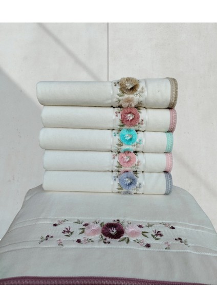 Kadife Dual Bordür 3D Nakışlı %100 Pamuk 6 Adet 50X90 cm El Yüz Havlusu Kutulu