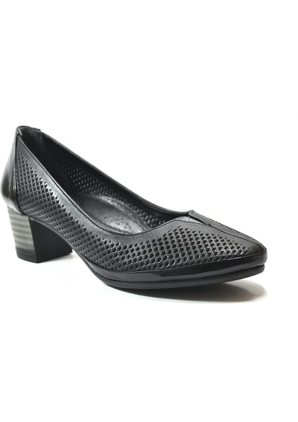 5971 Deri Siyah Anatomik Kısa Kalın Topuklu Kadın Ayakkabı