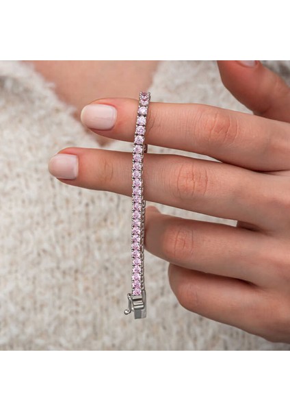 Gümüş Pembe Zirkon Taşlı Su Yolu Kadın Bileklik