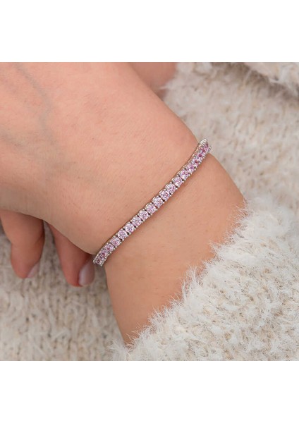 Gümüş Pembe Zirkon Taşlı Su Yolu Kadın Bileklik modelleri