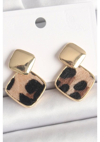 Pirinç Gold Renk Sallant Kare Leopar Desen Model Kadın Küpe