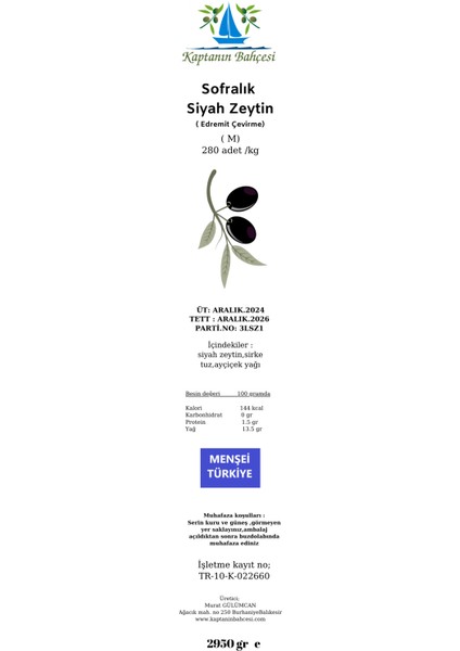 Edremit Çevirme Sofralık Siyah Zeytin 3 kg Teneke Ambalaj