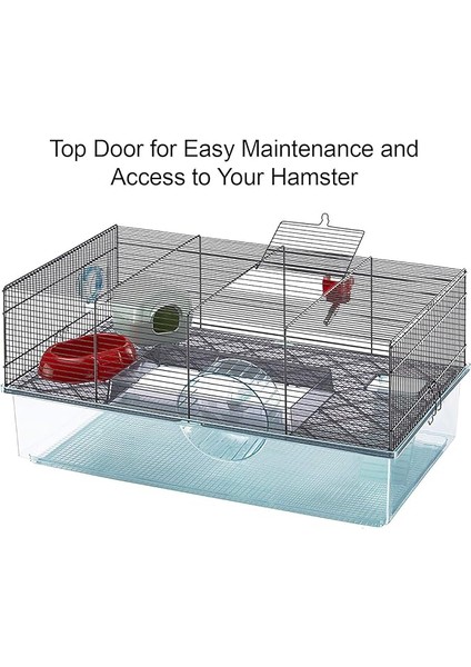 Favola Hamster Kafesi, Su Şişesi, Tekerlekli, Yem Kasesi ve Gizli Hamster Kafesi, Ölçüler: 60 x 36 x 30 cm (U x G x Y)