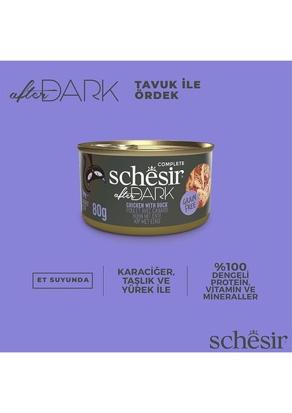 Schesir After Dark Tavuk ile Ördek Et Suyunda Yetişkin Kedi Konservesi 80G