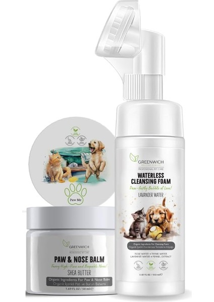 Hızlı Temizlik Bakım Seti, Kedi Köpek Durulamasız Köpük, Kuru Şampuan, Pati Burun Nemlendirici Balm