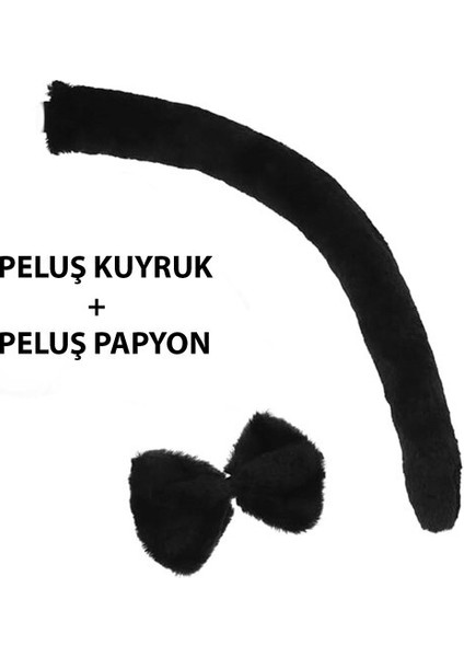 Peluş Siyah Renk Kuyruk ve Papyon Yetişkin Çocuk Uyumlu