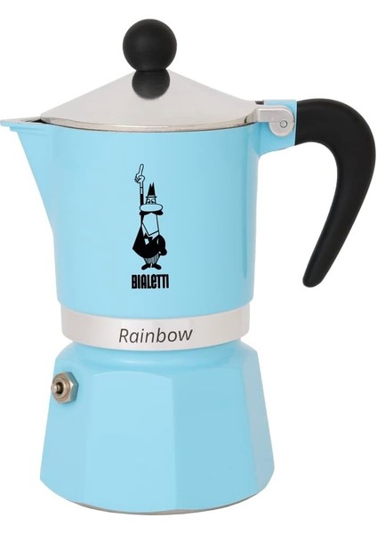 - Rainbow: 3 Cups Ocak Üstü Espresso Pişirici - 130ML - Açık Mavi Renk - Alüminyum Gövde - Patentli Güvenlik Valfi - Tüm Ocak Türleri Için Uygundur (Indüksiyon Hariç)