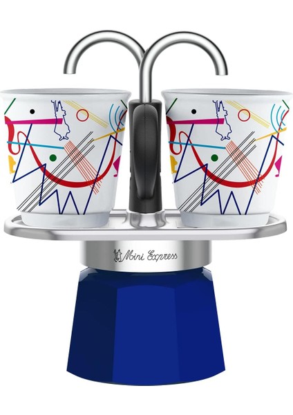 Set Mini Express Ocak Üstü Espresso Pişirici +2 Cups Kandinsky Serisi, Mavi