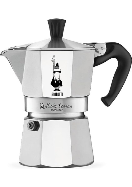 Moka Express Espresso Cezvesi, 3 Kişilik, 130 ml Hacim, Alüminyum Döküm Gövde ve Termoplastik Sap, Gümüş Renk