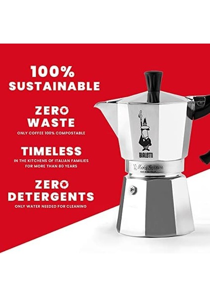 Moka Express Espresso Cezvesi, 3 Kişilik, 130 ml Hacim, Alüminyum Döküm Gövde ve Termoplastik Sap, Gümüş Renk