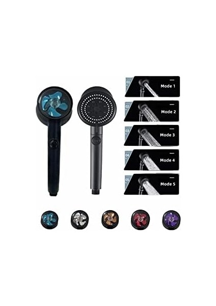 Turbo Fan 5 Fonksiyonlu Duş Başlığı El Duşu Handshower, Siyah