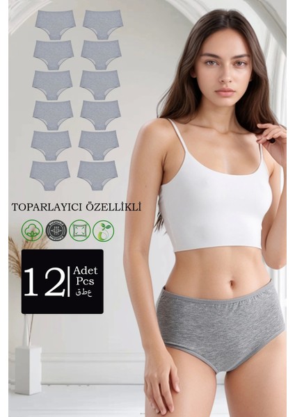 12'li Paket Pamuklu Yüksek Bel Toparlayıcı Özellikli Külot Gri