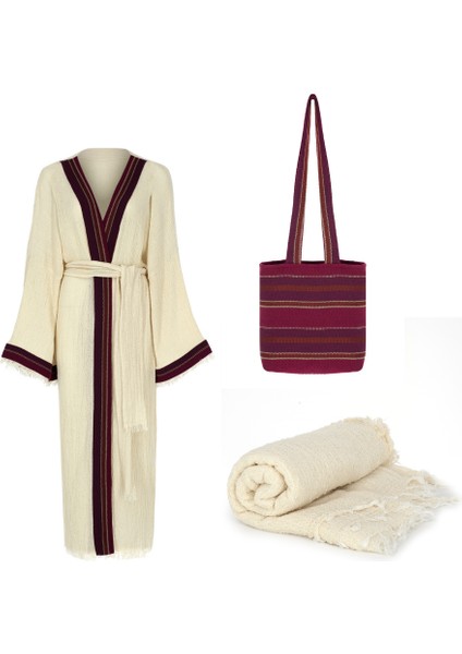 Naturel Pamuk Crinkle Kaftan Kimono Seti -135 Cm- Aynı Kumaştan Havlu 170x110 Cm, Bordo Çantalı fiyatları