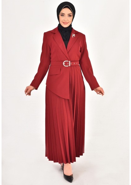 1314 By Coolest Butik Double Kumaş Eteği Pilise Detaylı Kruvaze Yaka Tesettür Elbise