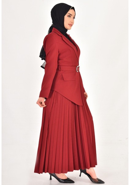 1314 By Coolest Butik Double Kumaş Eteği Pilise Detaylı Kruvaze Yaka Tesettür Elbise modelleri