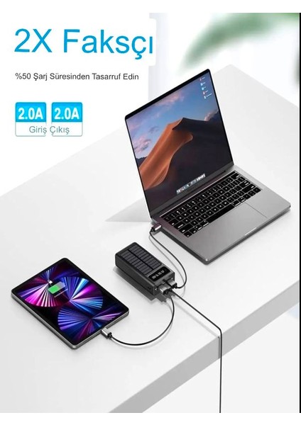 30000mah Güneş Enerjili 2USB MİKRO Lightning ıPhone Type-c Kablolu Powerbank Taşınabilir Batarya