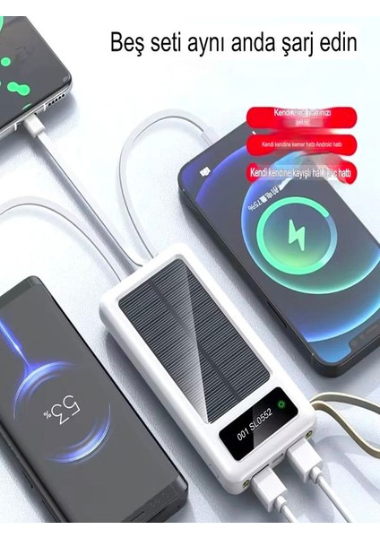 30000mah Güneş Enerjili 2USB MİKRO Lightning ıPhone Type-c Kablolu Powerbank Taşınabilir Batarya