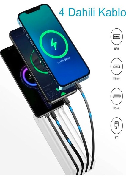 30000mah Güneş Enerjili 2USB MİKRO Lightning ıPhone Type-c Kablolu Powerbank Taşınabilir Batarya