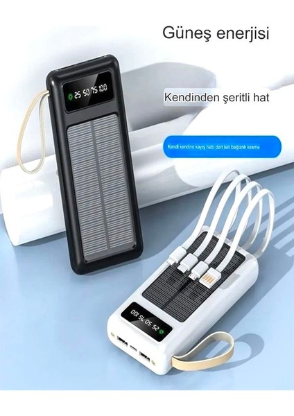 30000mah Güneş Enerjili 2USB MİKRO Lightning ıPhone Type-c Kablolu Powerbank Taşınabilir Batarya