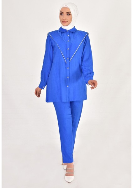 106 By Coolest Butik Lina Keten Kumaş Taş Detaylı Tesettür 2li Takım