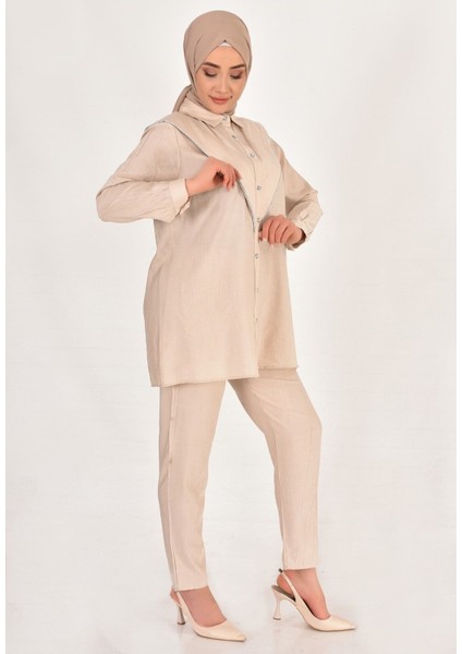 106 By Coolest Butik Lina Keten Kumaş Taş Detaylı Tesettür 2li Takım