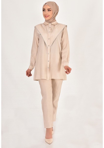 106 By Coolest Butik Lina Keten Kumaş Taş Detaylı Tesettür 2li Takım fiyatları