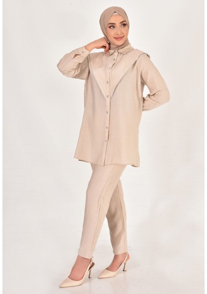 106 By Coolest Butik Lina Keten Kumaş Taş Detaylı Tesettür 2li Takım modelleri