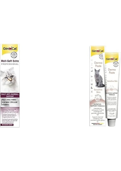 Gimcat Malt Soft Extra Vitamin Kombinasyonu, Her Yaştan Kediler Için, 100 G & Kedi Macunu Derma Paste, Hassas Deriler Için, 50G