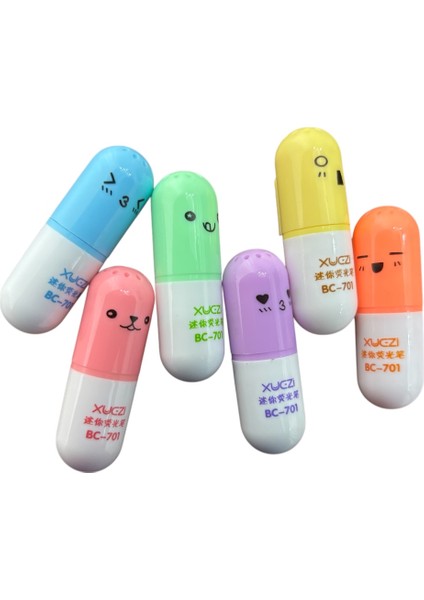 Fosforlu Kalem Mini Set 6'lı Kapsül Hap Figürlü