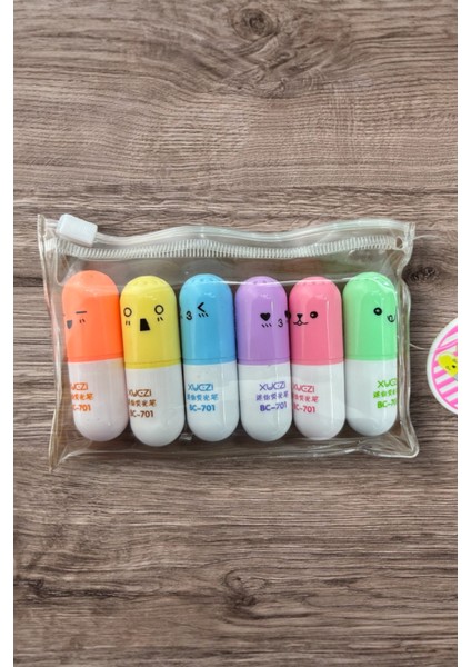 Fosforlu Kalem Mini Set 6'lı Kapsül Hap Figürlü