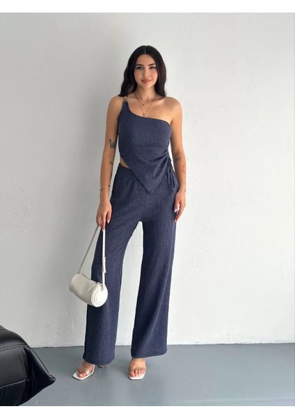 Asimetrik Crop Pantalon Ikili Takım - Lacivert modelleri