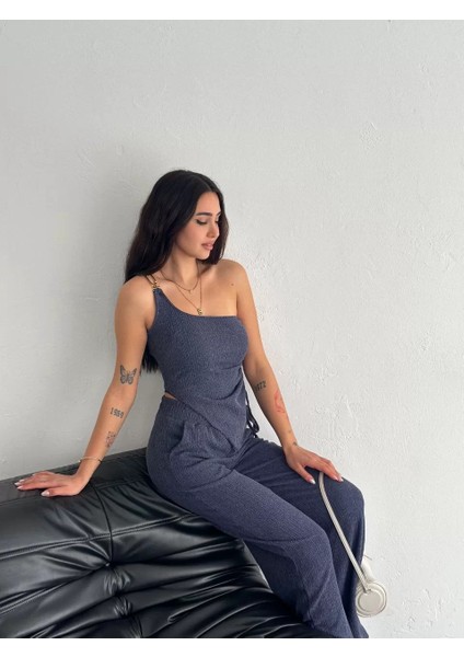 Asimetrik Crop Pantalon Ikili Takım - Lacivert indirimleri