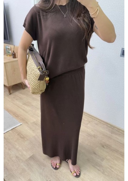 Bisiklet Yaka Bluz Uzun Etekli Ikili Takım Triko - Kahve